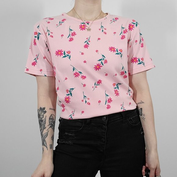 Vintage 90s Floral Ribbed Tee - Picture 1 of 12